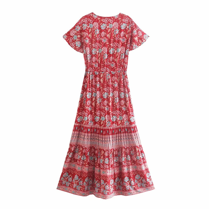Boho Floral Button-Front Maxi Dress – Cotton &amp; Rayon Blend