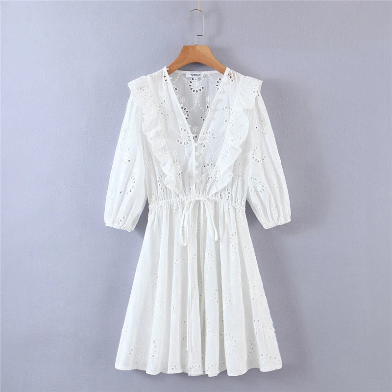White Cotton Lace Puff Sleeve Mini Dress