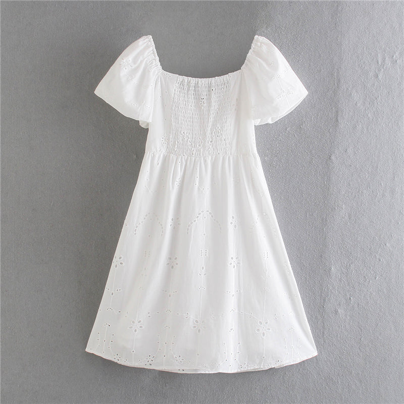 White Cotton Lace Puff Sleeve Mini Dress