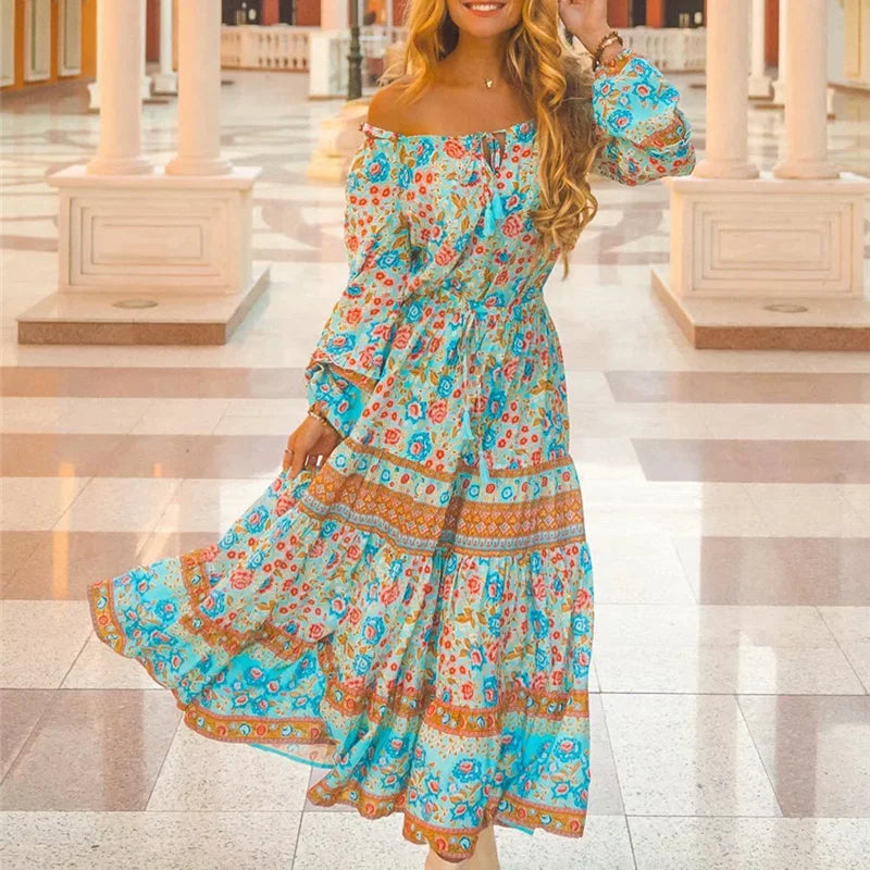 Windswept Blooms Off-Shoulder Boho Maxi Dress
