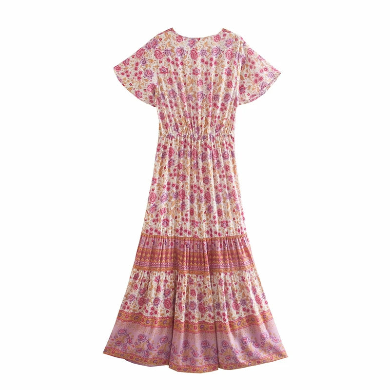 Boho Floral Button-Front Maxi Dress – Cotton &amp; Rayon Blend