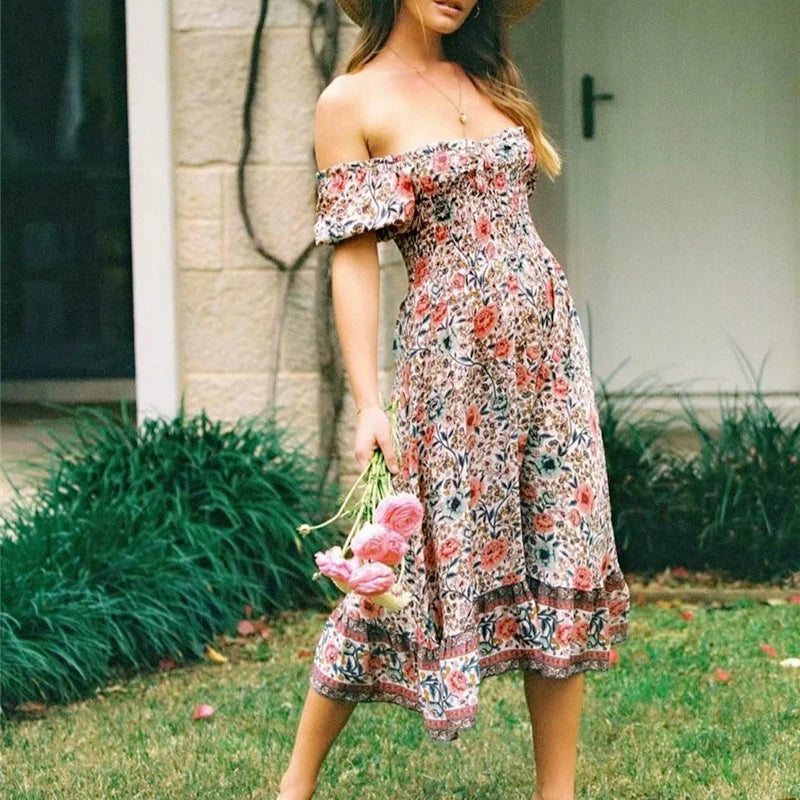 Boho Off-Shoulder Ruffle Dress – Wildflower Bloom (XS–L)
