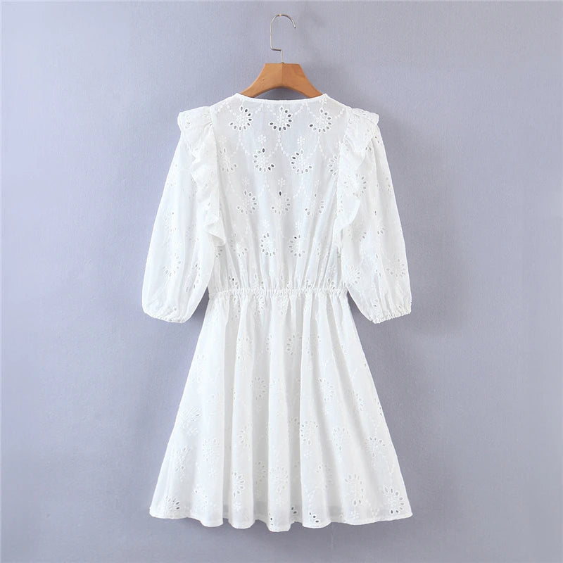White Cotton Lace Puff Sleeve Mini Dress