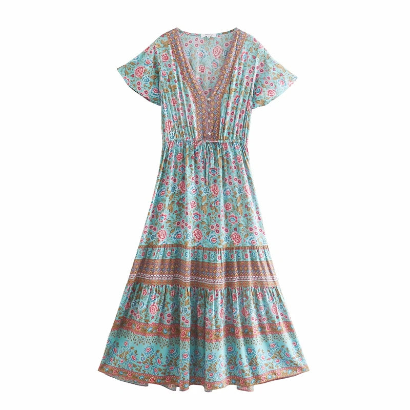 Boho Floral Button-Front Maxi Dress – Cotton &amp; Rayon Blend