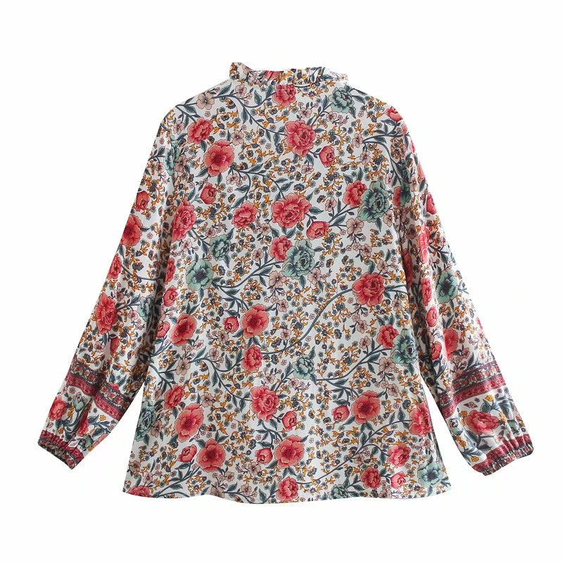 Boho Floral Button-Up Blouse – Rayon Cotton Blend