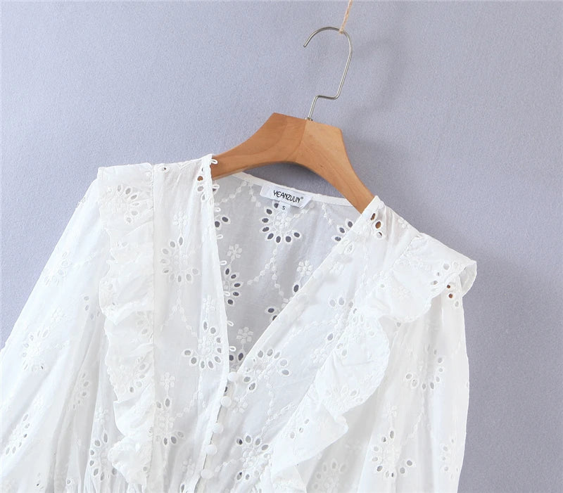White Cotton Lace Puff Sleeve Mini Dress