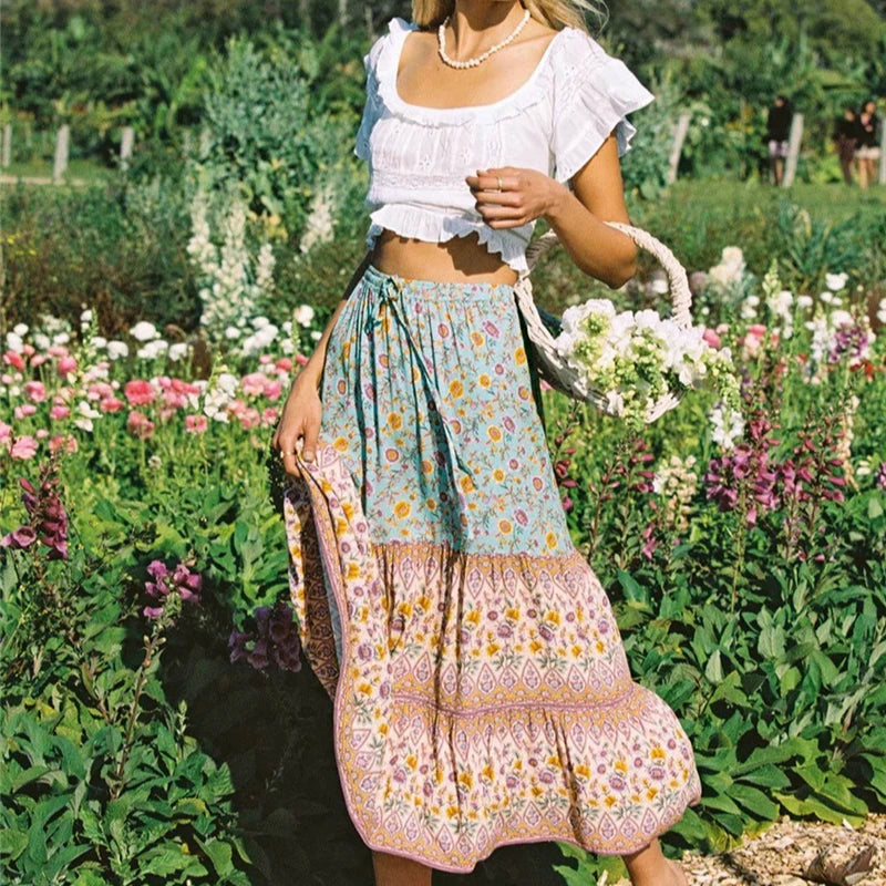 Sunpetal Fields Tiered Boho Maxi Skirt