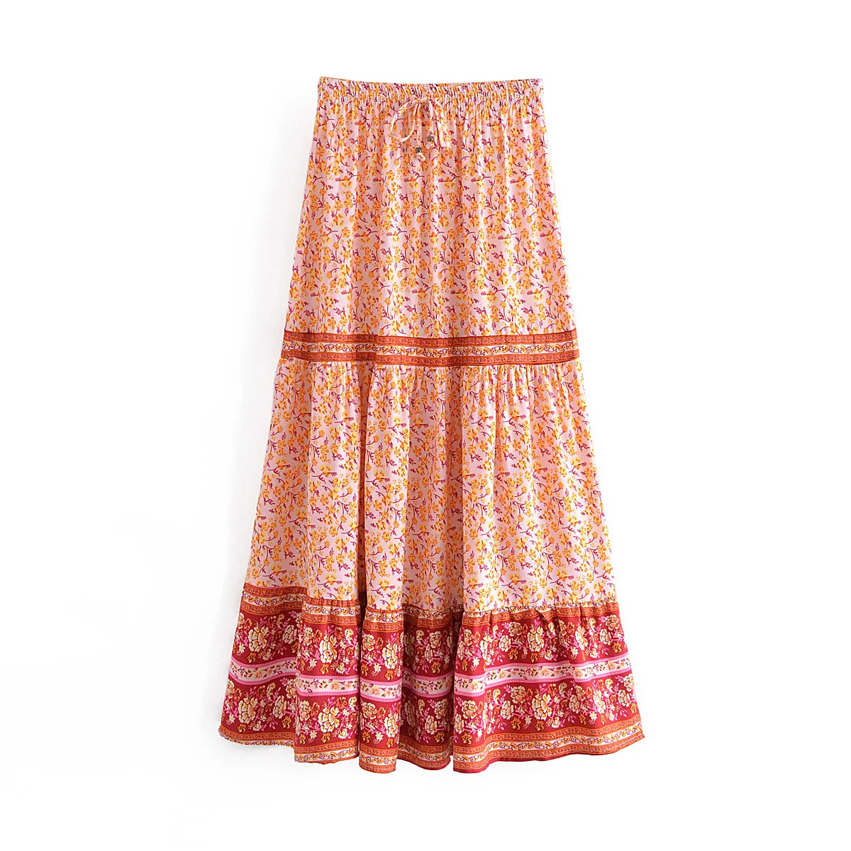 Boho Floral Tiered Midi Skirt – Cotton & Rayon Blend