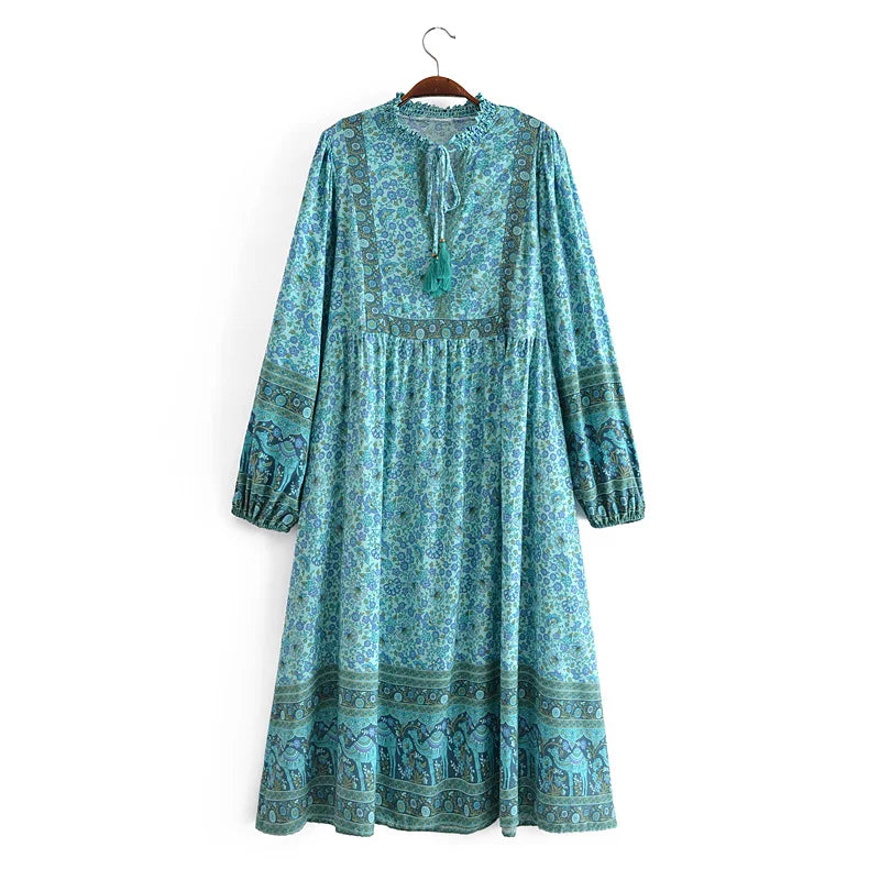 Emerald Breeze Boho Midi Dress