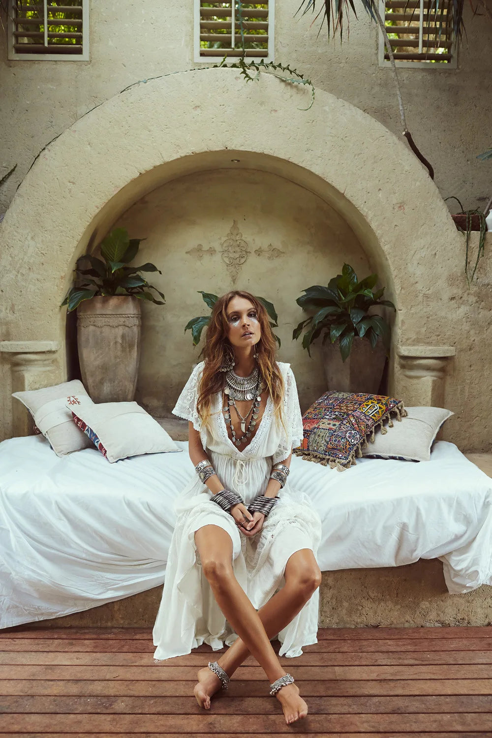 Boho Luxe White Cotton Maxi Dress – One Size
