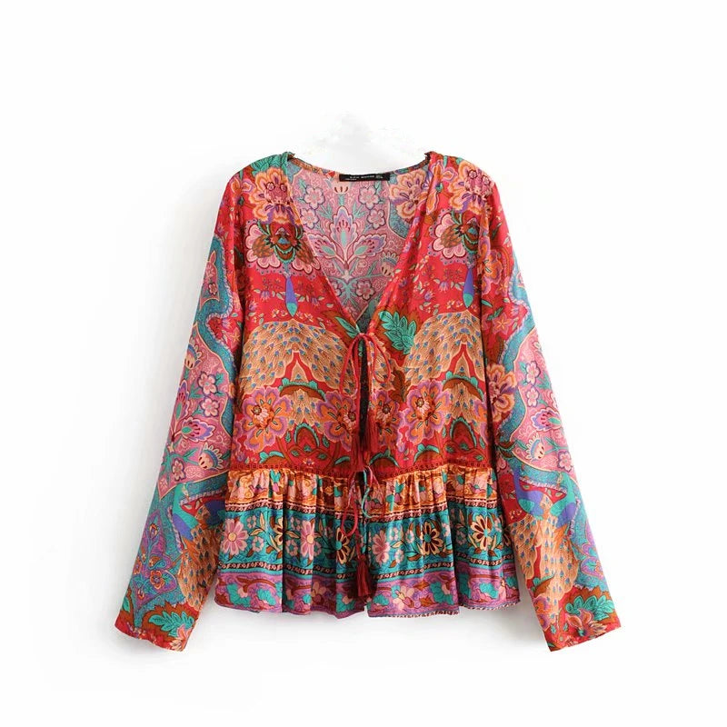 Boho Patchwork Print Long Sleeve Blouse – Colorful Freedom in Every Thread