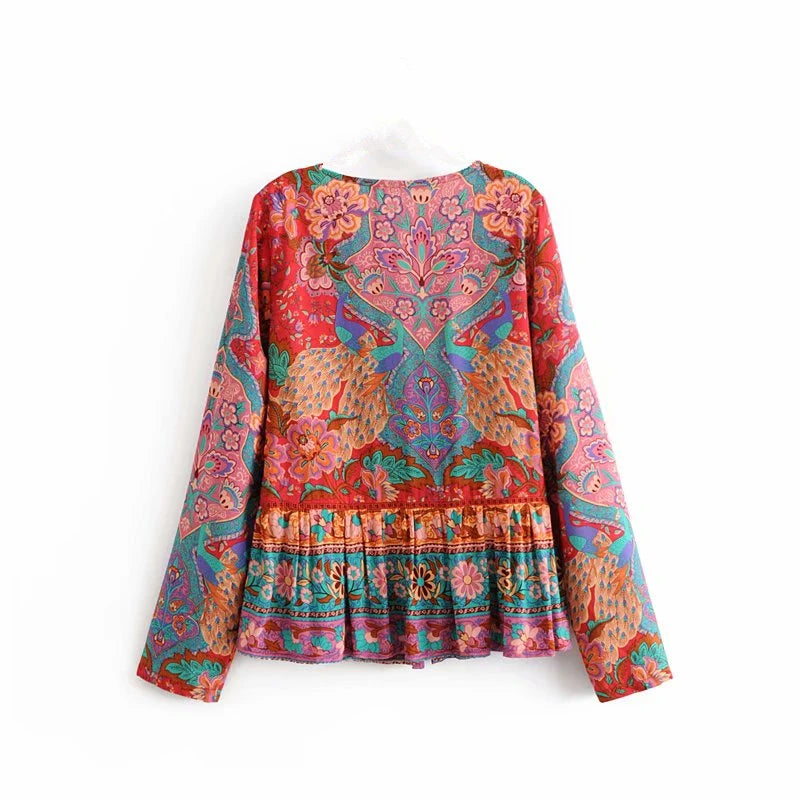 Boho Patchwork Print Long Sleeve Blouse – Colorful Freedom in Every Thread