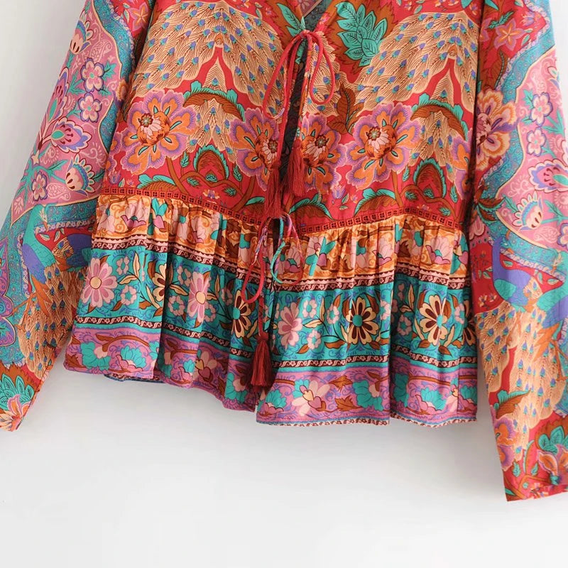 Boho Patchwork Print Long Sleeve Blouse – Colorful Freedom in Every Thread