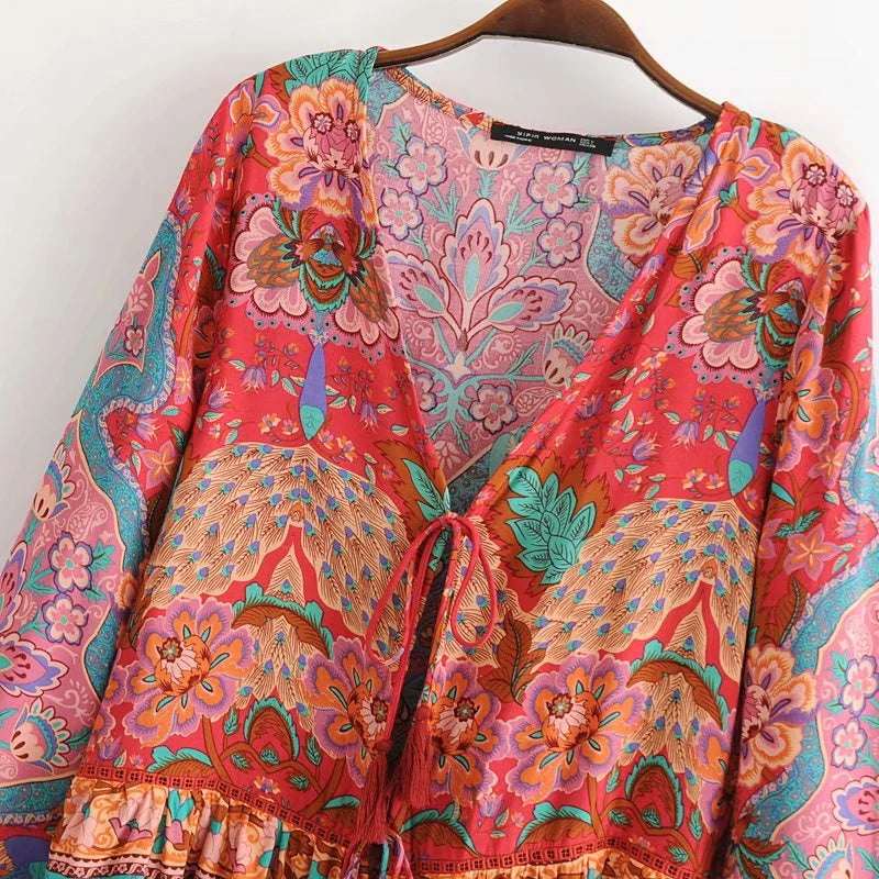Boho Patchwork Print Long Sleeve Blouse – Colorful Freedom in Every Thread
