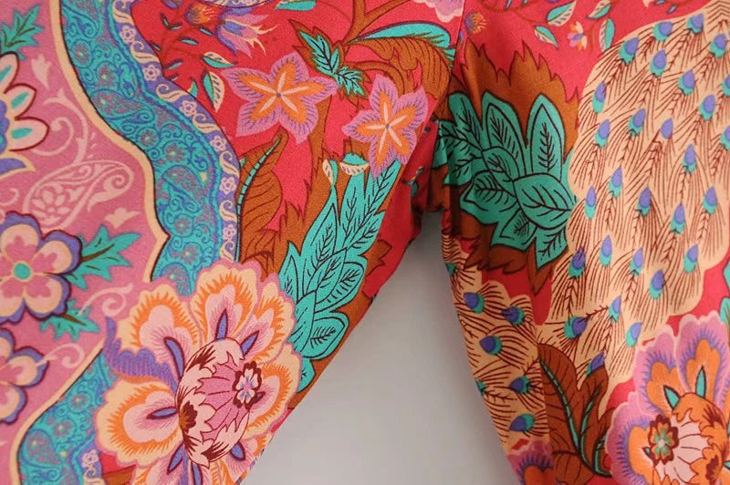 Boho Patchwork Print Long Sleeve Blouse – Colorful Freedom in Every Thread