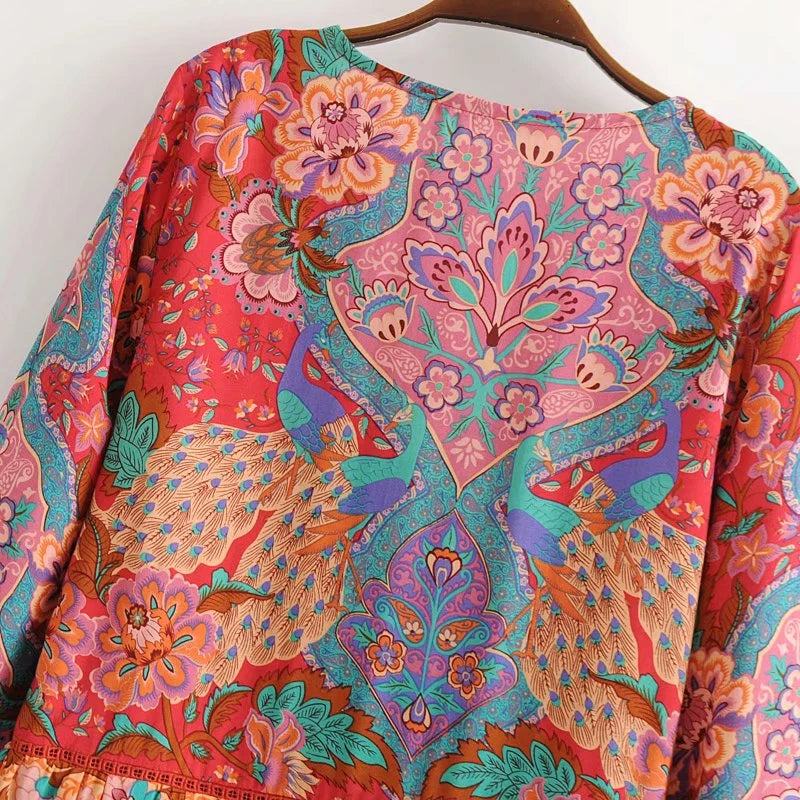 Boho Patchwork Print Long Sleeve Blouse – Colorful Freedom in Every Thread