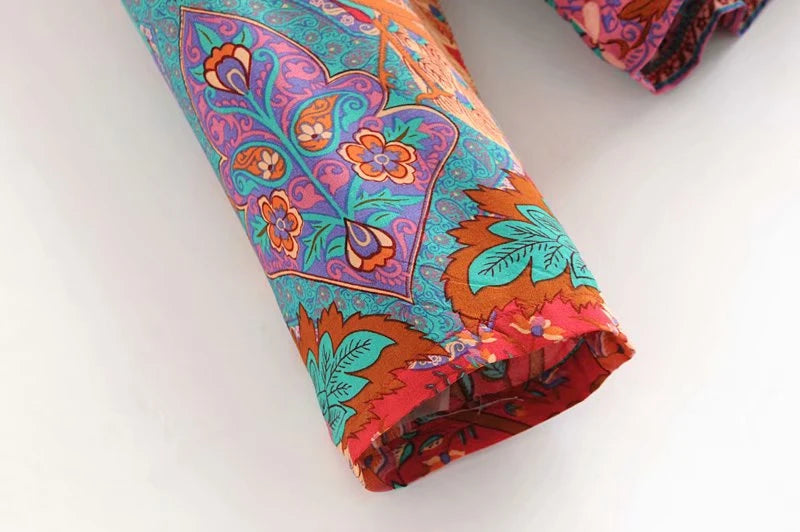 Boho Patchwork Print Long Sleeve Blouse – Colorful Freedom in Every Thread