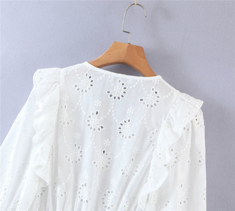 White Cotton Lace Puff Sleeve Mini Dress