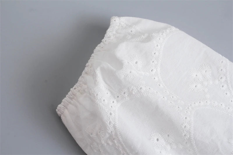 ✿ White Lace Puff Sleeve Boho Mini Dress – Romantic Cotton Blend