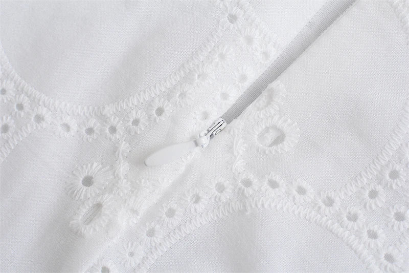 ✿ White Lace Puff Sleeve Boho Mini Dress – Romantic Cotton Blend