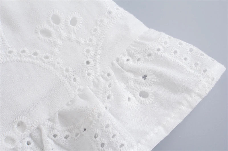 ✿ White Lace Puff Sleeve Boho Mini Dress – Romantic Cotton Blend