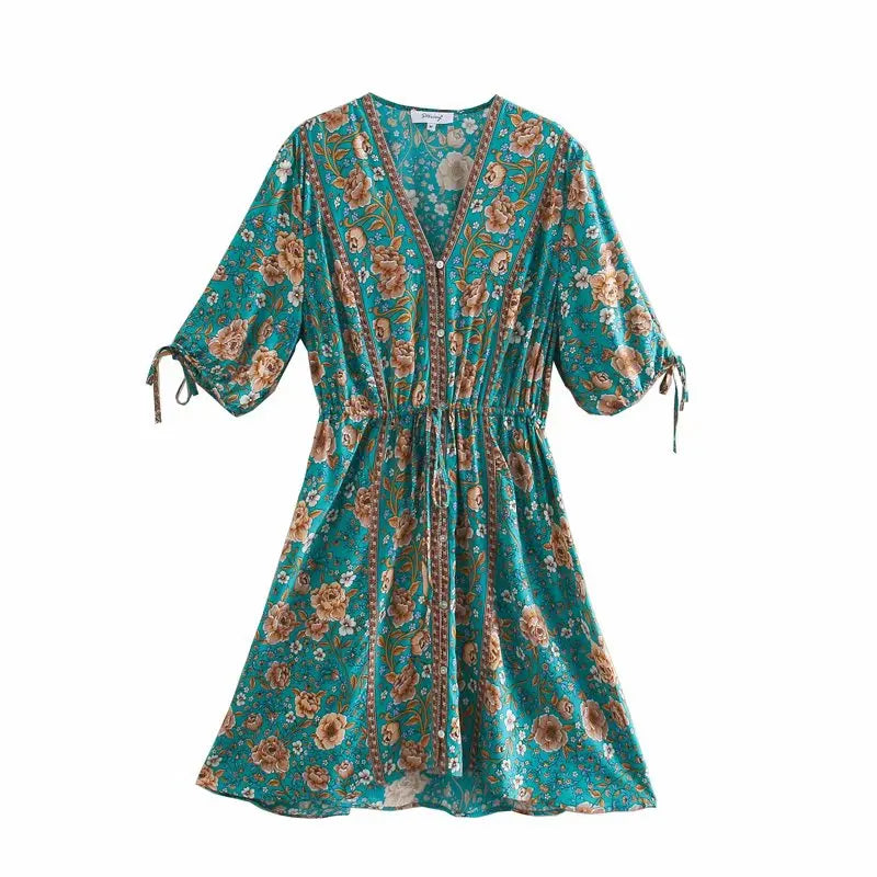 Sunseeker: Boho Floral Tie-Sleeve Mini Dress