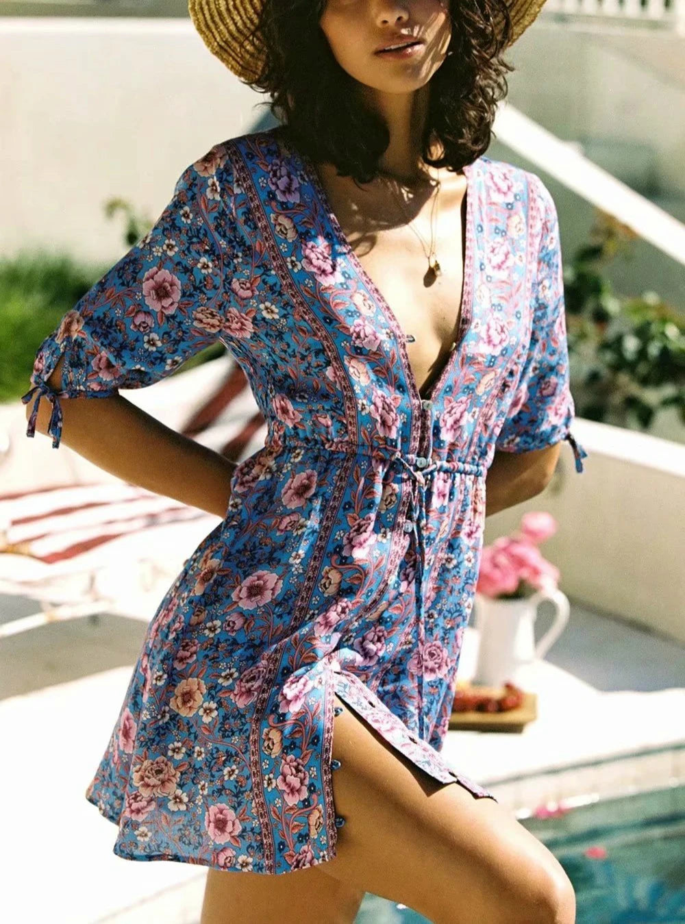 Sunseeker: Boho Floral Tie-Sleeve Mini Dress