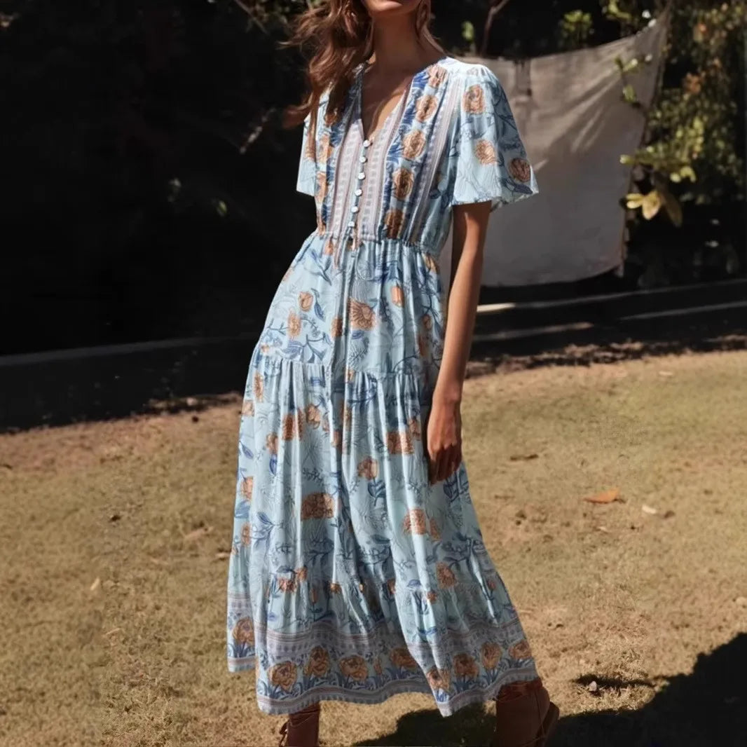 Floral Goddess Boho Midi Dress – Light Blue & Black