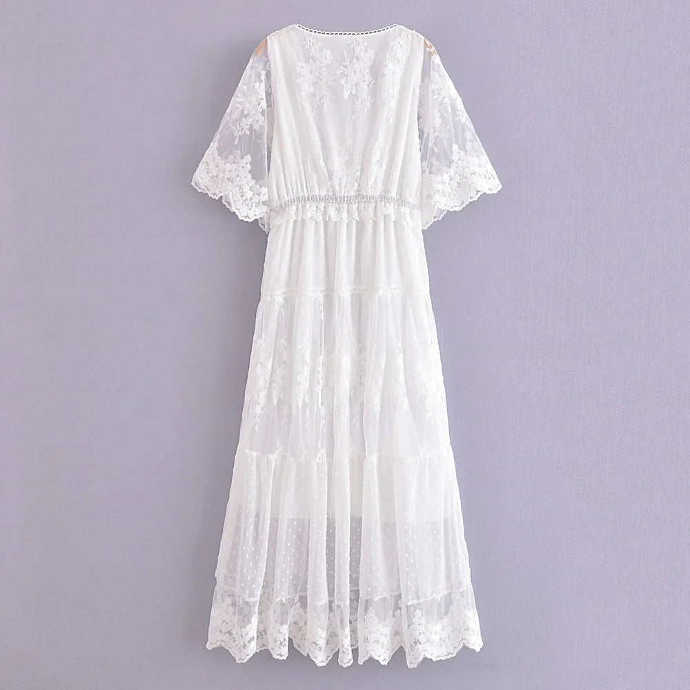 Boho White Lace Maxi Dress – V-Neck Hollow-Out Summer Sundress