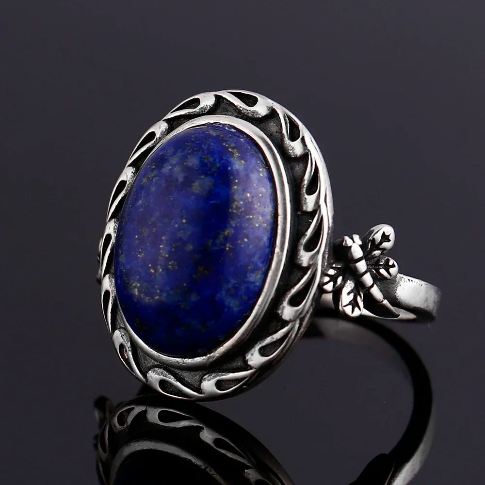 🐉 Natural Lapis Lazuli Dragonfly Ring – 925 Sterling Silver (Sizes 5–12)
