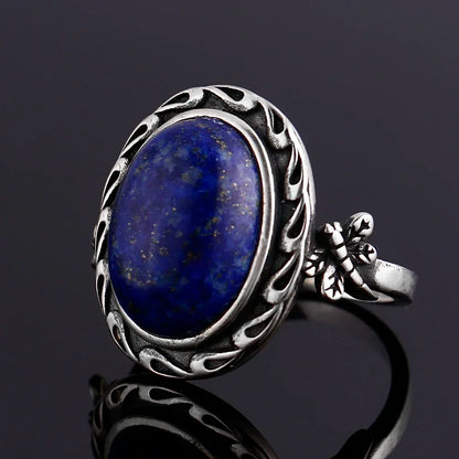 🐉 Natural Lapis Lazuli Dragonfly Ring – 925 Sterling Silver (Sizes 5–12)