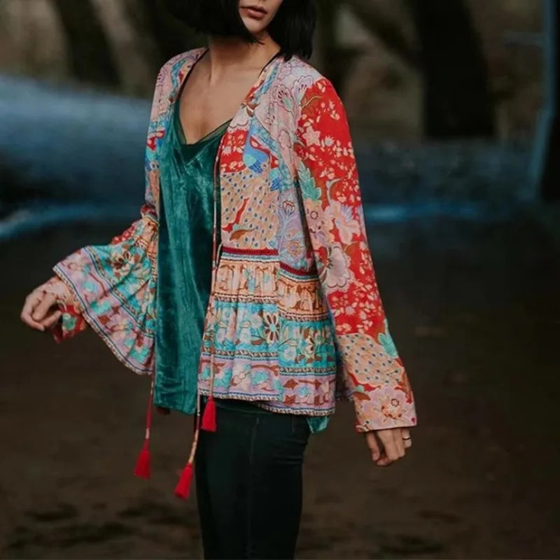 Boho Patchwork Print Long Sleeve Blouse – Colorful Freedom in Every Thread