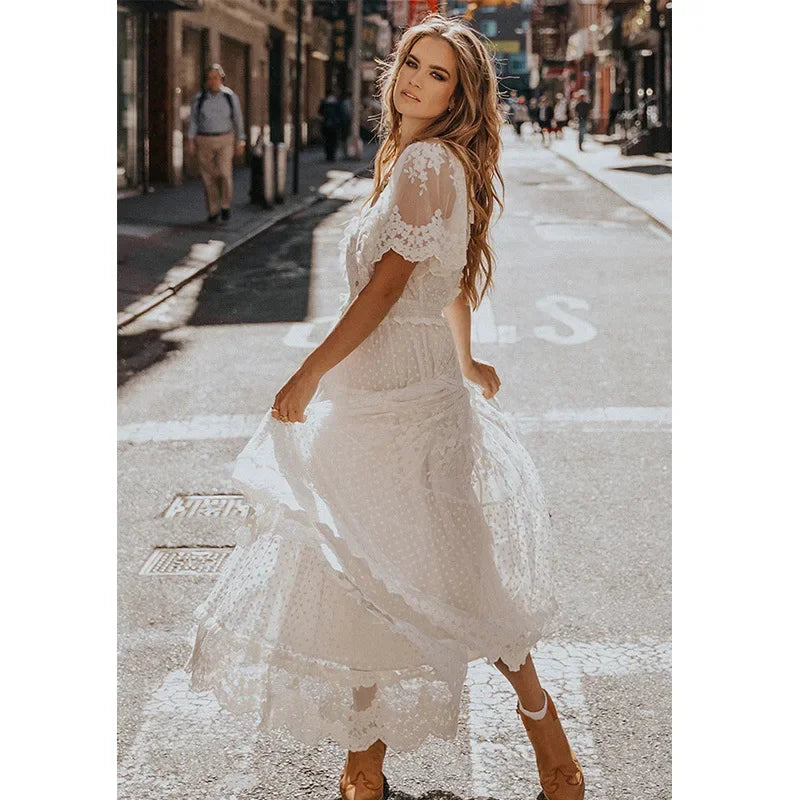 Boho White Lace Maxi Dress – V-Neck Hollow-Out Summer Sundress