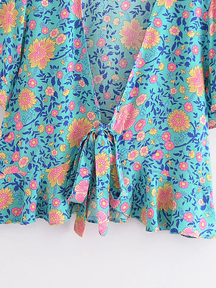 Boho Tie-Front Floral Crop Top – Cotton & Rayon