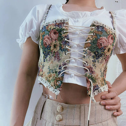 Boho Floral Lace-Up Corset Crop Top – Adjustable Fit