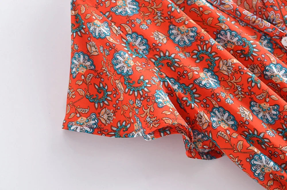 Boho Red Floral Maxi Dress – Cotton & Rayon Blend
