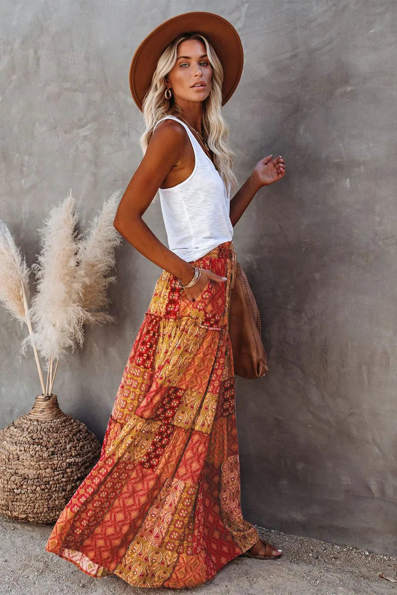 Kaleidoscope Dream: Boho Patchwork Print Maxi Skirt