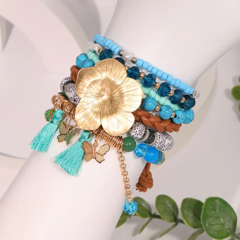 Ocean Bloom Boho Stacked Bracelet Set - Floral & Tassel Charm