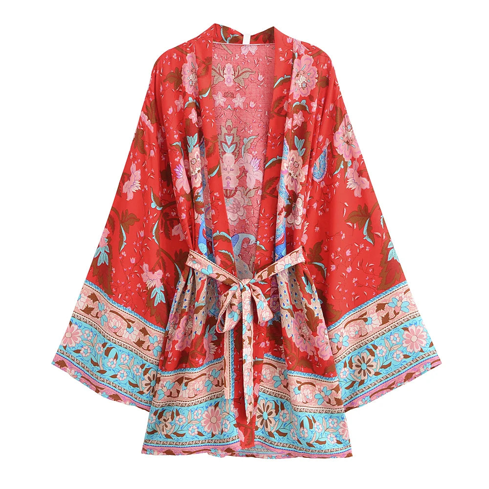 Vintage Peacock Floral Kimono – Boho Short Robe with Sash & Batwing Sleeves