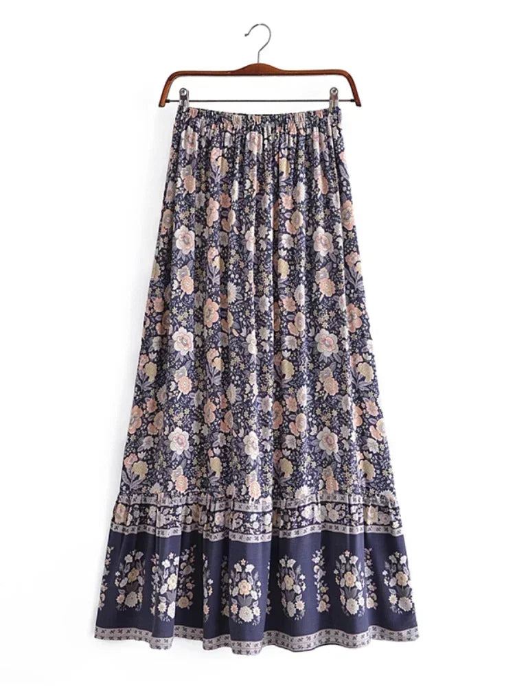 Midnight Bloom: Boho Floral Tassel Maxi Skirt