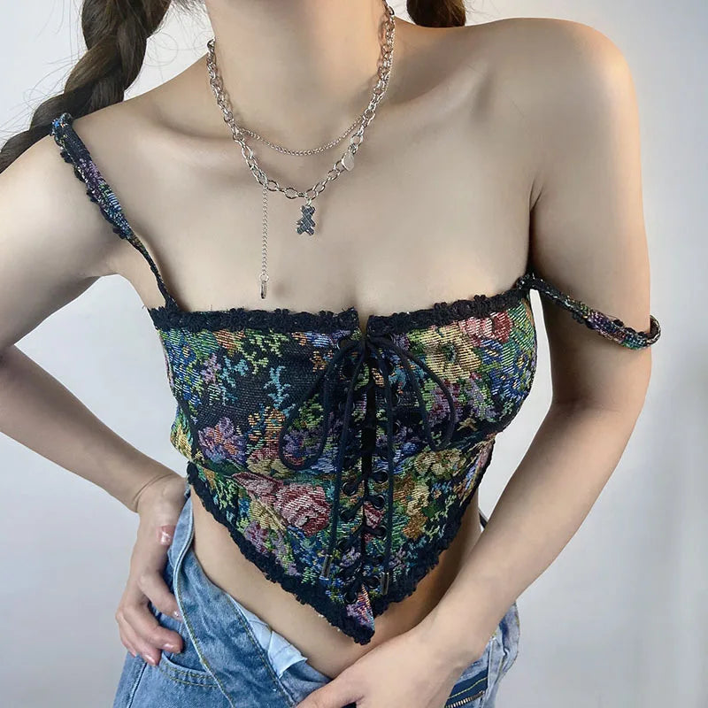 Boho Floral Lace-Up Corset Crop Top – Adjustable Fit