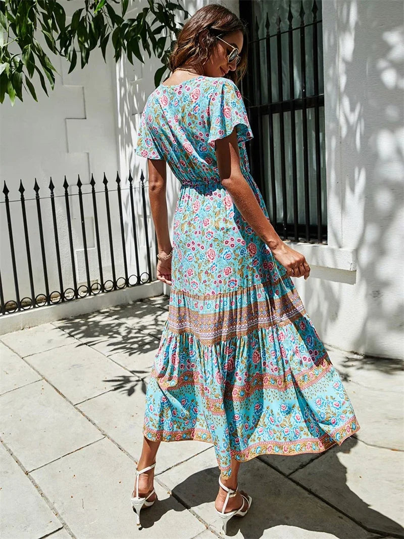 Boho Floral Button-Front Maxi Dress – Cotton &amp; Rayon Blend