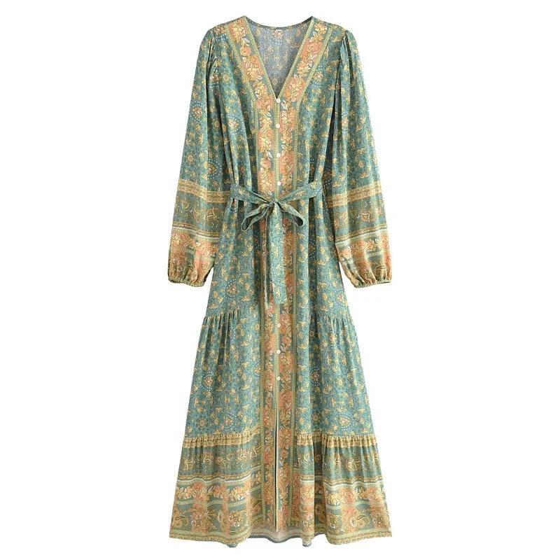 🌿 Boho Button-Up Floral Maxi Dress – Green, Red, or Brown