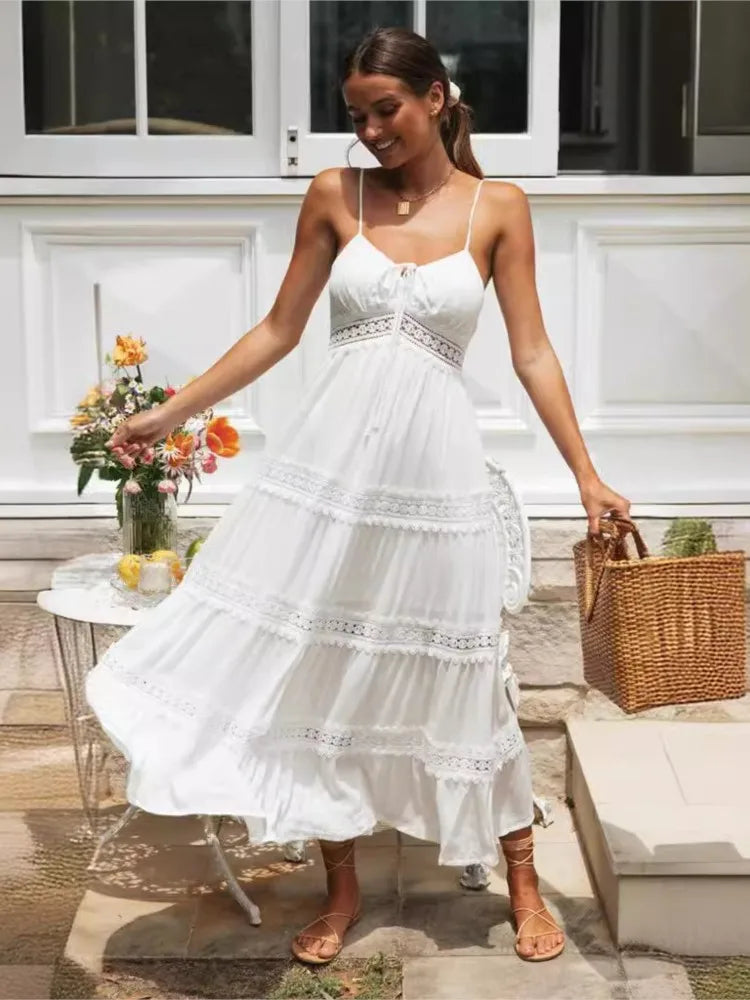 Boho White Tiered Maxi Dress – Spaghetti Strap Summer Flow