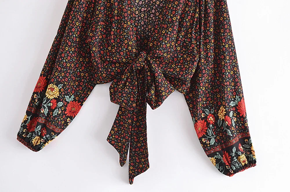 Boho Noir Garden Tie-Front Blouse