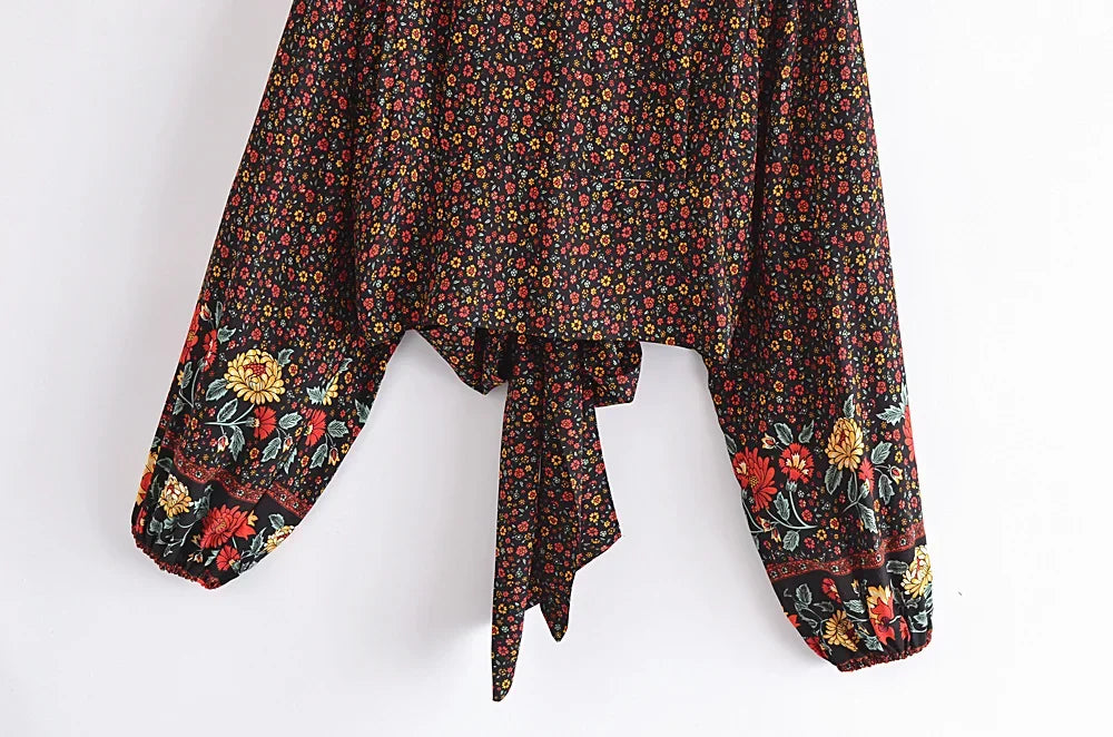 Boho Noir Garden Tie-Front Blouse