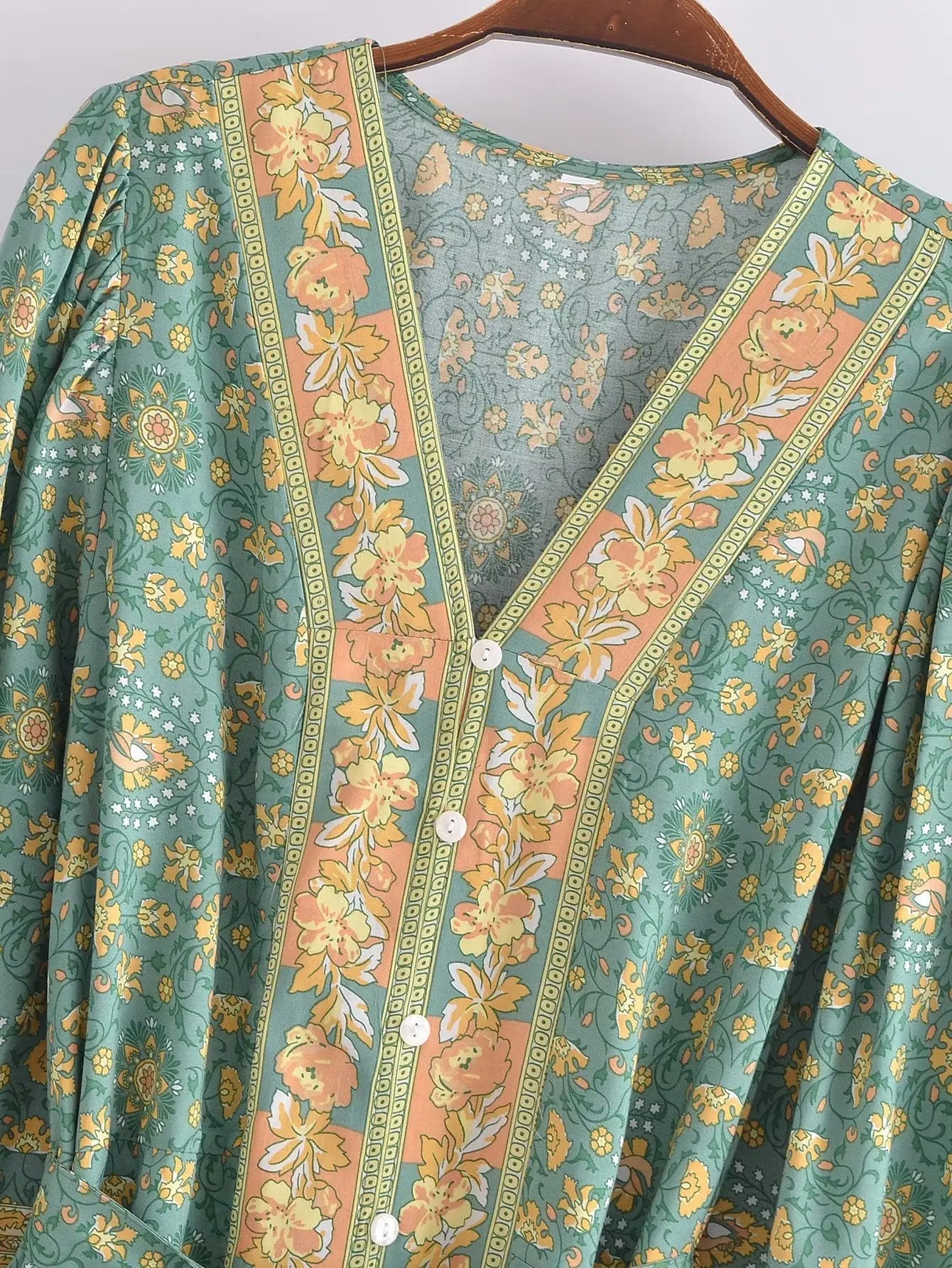 🌿 Boho Button-Up Floral Maxi Dress – Green, Red, or Brown