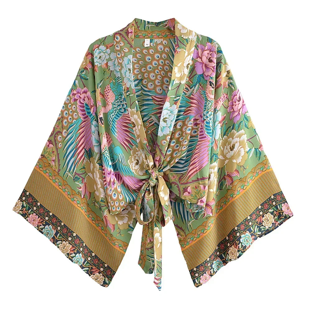 Boho Tie-Front Floral Kimono – Lightweight Rayon Beach Cover-Up