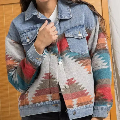 Boho Aztec Patchwork Denim Jacket