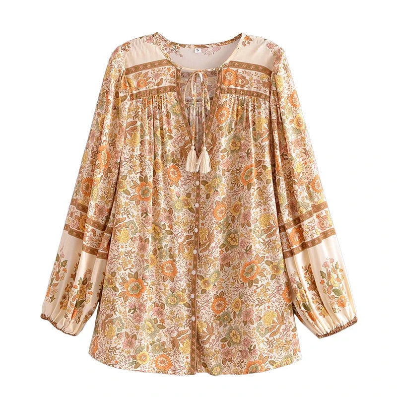 🌸 Boho Floral Tassel Blouse